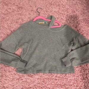 Super soft grey sweatshirt with one open shoulder